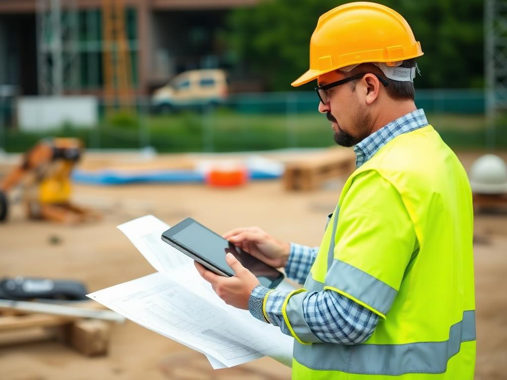 Bauleiter mit Bauplänen und Tablet auf der Baustelle