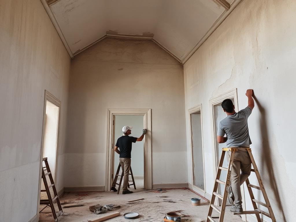 Handwerker bei Sanierungsarbeiten in einem Altbau