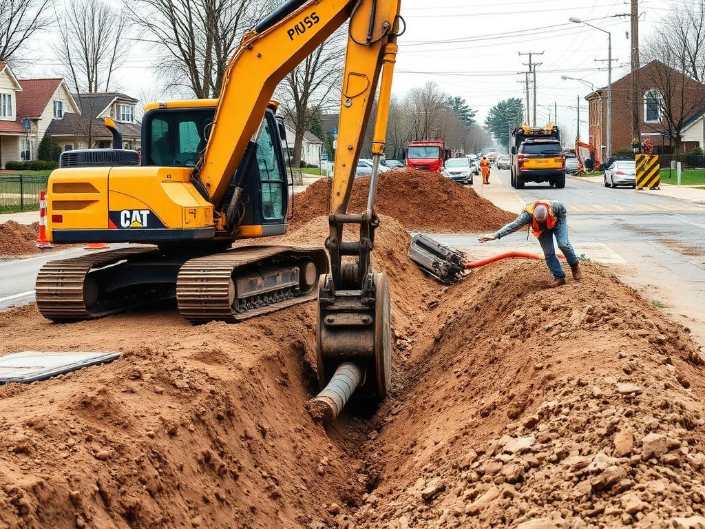 Bagger hebt einen Leitungsgraben im Straßenbereich aus